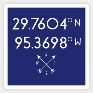 Houston Map Coordinates (latitude and longitude) white text with compass rose, no city name Sticker